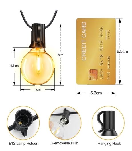 15m, LED String Light Mains Powered, with Plug/25+2 Shatterproof G40 Bulbs/Hook, Bright Warm White Lighting Outside Indoor Tree Garden Decorations