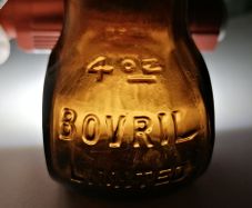 61 - Beautiful Vintage 4oz Bovril Dark Brown Glass Embossed Letters Jar