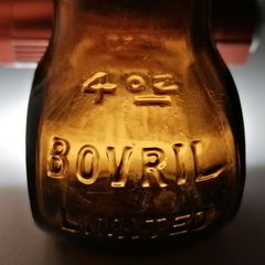 61 - Beautiful Vintage 4oz Bovril Dark Brown Glass Embossed Letters Jar