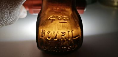 61 - Beautiful Vintage 4oz Bovril Dark Brown Glass Embossed Letters Jar
