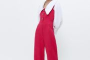 BNWOT Uterque fuchsia pink tweed effect dungarees jumpsuit with pearl diamante buttons