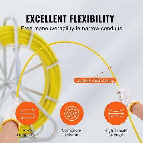 Fish Tape Fiberglass, 150.3 m, 8.0 mm, Duct Rodder Fishtape Wire Puller, Cable Running Rod with Steel Reel Stand, 3 Pulling Heads, Fishing Tools for Walls