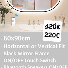 LED Bathroom Mirror Oval Speakers Antifog Dual LED Black Frame