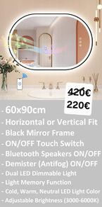 LED Bathroom Mirror Oval 60x90cm Bluetooth Speakers Antiifog Demister