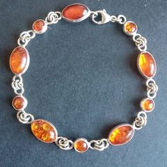 Natural amber sterling silver link bracelet