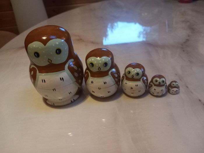 Bird, gnome, globe nesting dolls, D18 post 8e