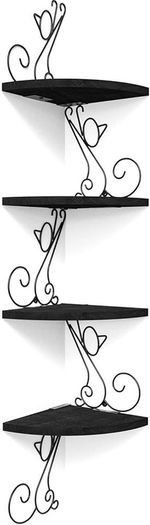 MULTIPLE COLOURS AVAILABLE Corner Shelf Wall Mount of 4 Tier Rustic Wood Floating Shelf Cat Shape Metal Stand for Bedroom Living Room Bathroom Kitchen Office and More Carbonized Black