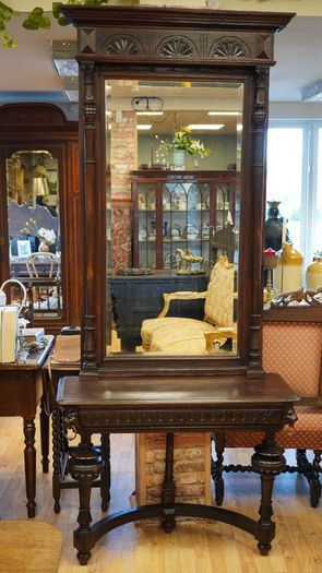 Antique Gothic Revival Oak Hall Console with Mirror