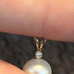 Small pearl pendant or charm with solid yellow 14k gold and a tiny diamond (real) not lab grown