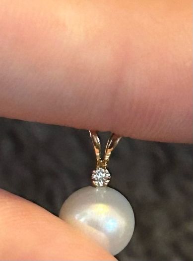 Small pearl pendant or charm with solid yellow 14k gold and a tiny diamond (real) not lab grown
