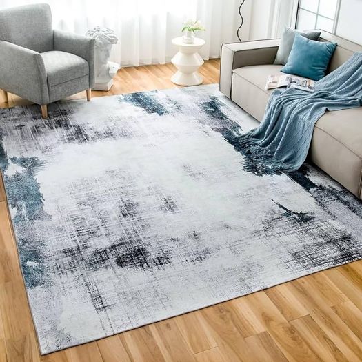 Washable Rugs Living Room 80x150cm Short Pile Area Rugs Non Shedding Carpet Rug for Bedroom Modern Abstract Bedroom Rug Machine Washable Rug Faux Wool Rug Non Slip Rug Soft Touch Rugs Blue