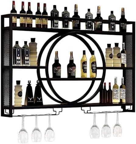 Wine Rack Wall Mounted, 120cm Wall Wine Rack With Wine Glass Holder, 3-Tiers Iron Bar Shelves Cabinet, Wine Racks For Home Cupboard, Restaurant, Bar Display Liquor Bottles