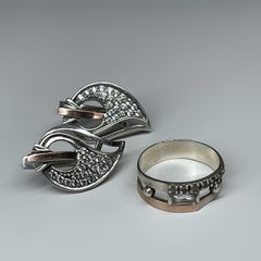 925 Silver & 375 Gold Earrings and Ring Set with Cubic Zirconia