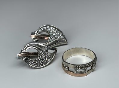 925 Silver & 375 Gold Earrings and Ring Set with Cubic Zirconia