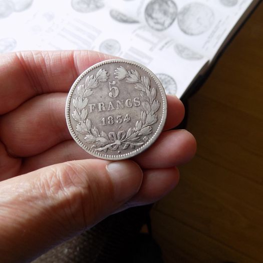 France 1834 BB,5 francs.King Louis Philippe.90% silver.