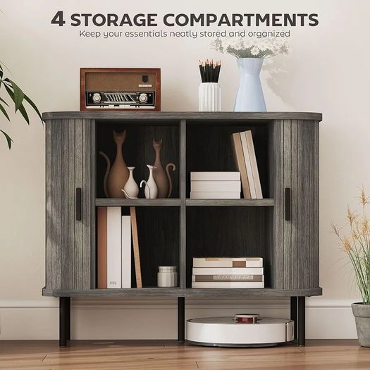 Mid-Century Modern Sideboard Storage Cabinet with Slatted Tambour Sliding Doors, Kitchen Cabinet with Steel Legs, Grey
