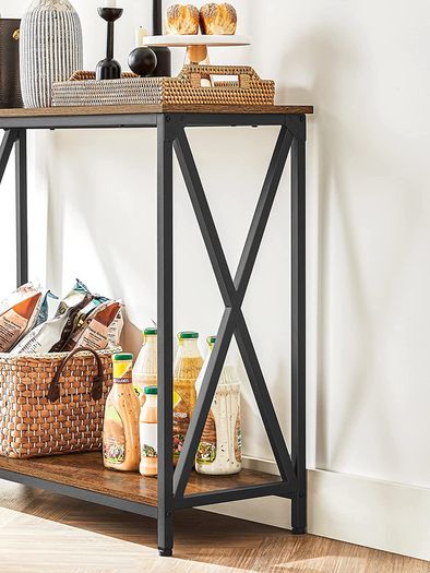 _Console Table, Side Table, Hallway Table, Sofa Table, Cross Braces, 100 x 35 x 80 cm, for Living Room, Hallway, Steel Frame, Industrial Design, Vintage Brown/Black