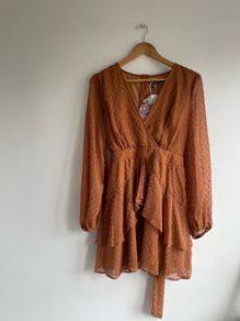 Boohoo Ruffle hem caramel colour chiffon mini dress size 12