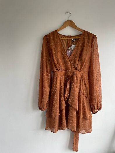 Boohoo Ruffle hem caramel colour chiffon mini dress size 12