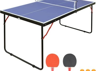 Midsize Folding Ping Pong Table Game Set, Portable Indoor Outdoor Table Tennis Table with 2 Paddles, 3 Balls and Net