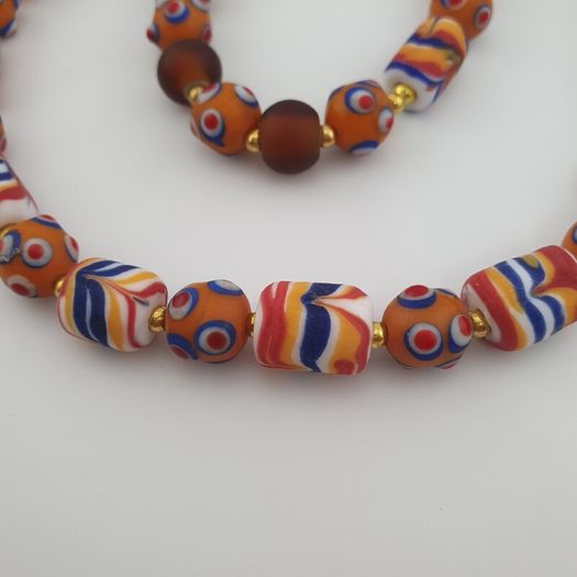Vintage Venetian Style Skunk Eyes & Feather Desgin Glass Beads Necklace