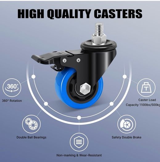 75 mm Castor Wheel, M8 x 1.25 x 25 mm (Shaft Diameter 7.5 mm, Shaft Length 25 mm), Load Capacity 1100LB, Blue Polyurethane Caster Wheel for Furniture, Barbecues, Trolley, Transport,Set of 4