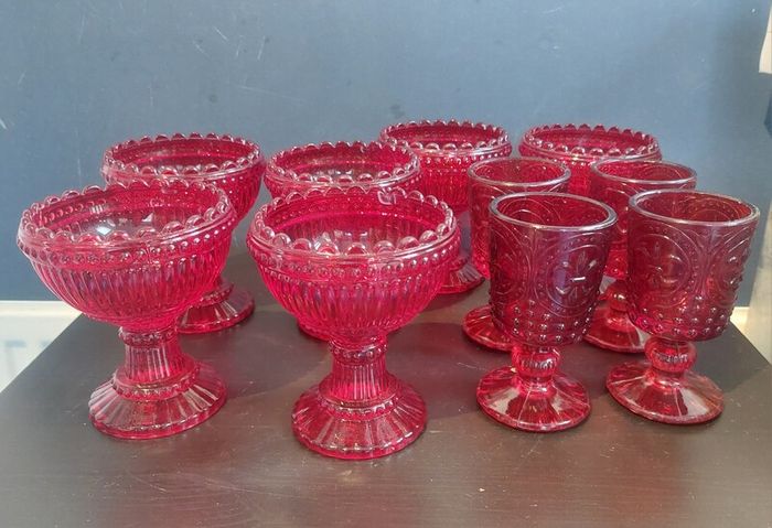 Fabulous Vintage Retro Set of Six Matching Red Sundae Glasses with a Relief Pattern Very Similar to the Very Popular Iittala Marimekko Maribowl Glasses in Cranberry - Perfect for Halloween