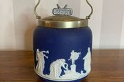 Antique Adams Cobalt Jasperware biscuit barrel.