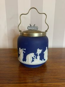Antique Adams Cobalt Jasperware biscuit barrel.