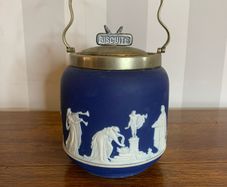 Antique Adams Cobalt Jasperware biscuit barrel.