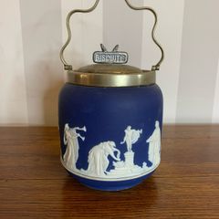 Antique Adams Cobalt Jasperware biscuit barrel.