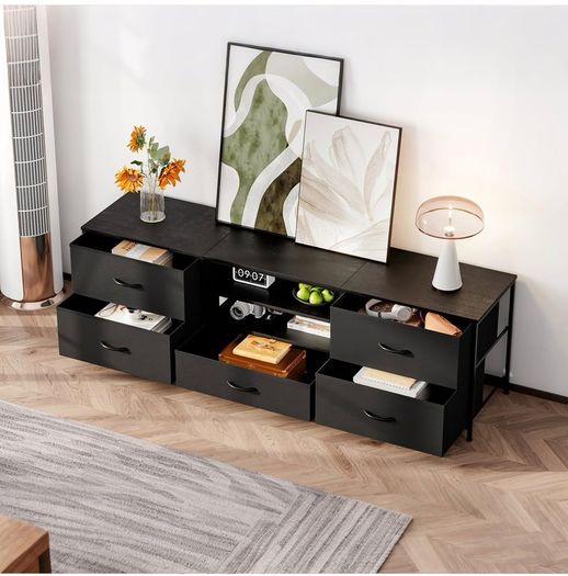 TV Stand Cabinet, TV Unit with 5 Drawers, 140 cm, All Black TV Console Table with Storage Organizers, Entertainment Center with Open Shelf for Living Room, Bedroom