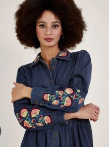 MONSOON Denim Embroidered Midi Dress with pockets Sz 14 - Rrp 110 (New)