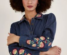 MONSOON Denim Embroidered Midi Dress with pockets Sz 14 - Rrp 110 (New)