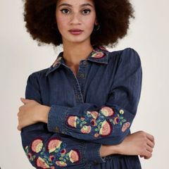 MONSOON Denim Embroidered Midi Dress with pockets Sz 14 - Rrp 110 (New)