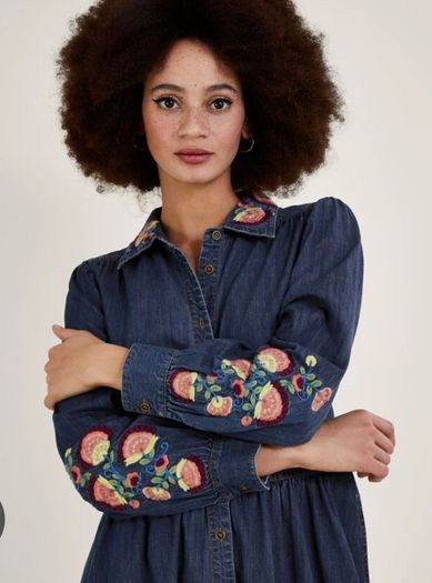 MONSOON Denim Embroidered Midi Dress with pockets Sz 14 - Rrp 110 (New)