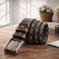 Womens Brown Leather Belt Vintage Stitch Detail Genuine Leather Belt for Jeans, Casua