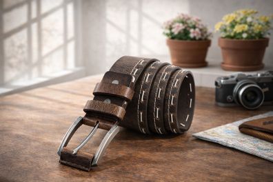 Womens Brown Leather Belt Vintage Stitch Detail Genuine Leather Belt for Jeans, Casua