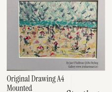 Original Art - Auction - Coastal Aesthetic Beach Art Original Drawing A4 mounted