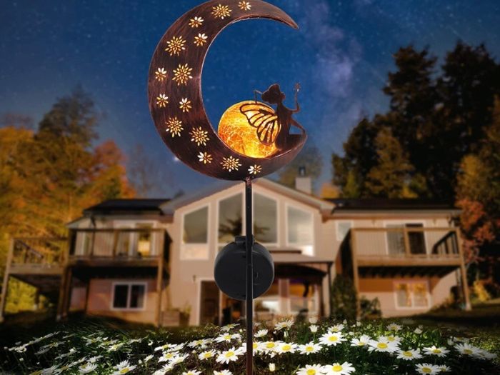 100cm Metal Fairy Sitting on Moon Solar Lights for Garden Ornaments Outdoor, Solar Stake with Crackle Glass Ball, Decorative Garden Gifts for Flowerbed, Walkway, Pathway