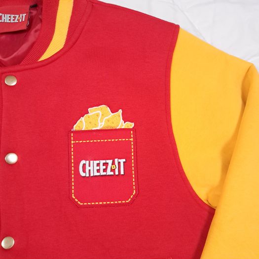 Spreadshirt Cheez It Red Yellow Varsity Bomber Jacket Size M