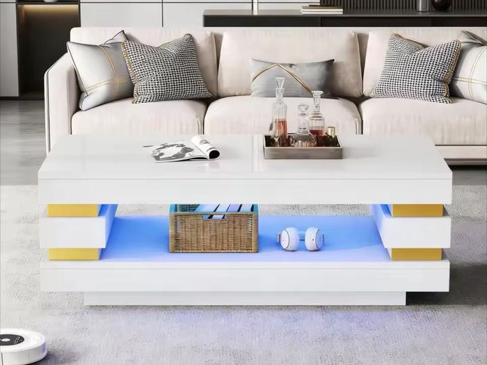 High Gloss Coffee Table with LED Lights White Living Room Table.