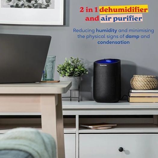 Ozone Free, 750ml/day 2 in 1 Black Dehumidifier/Air Purifier, 20m2 Room Size, LED Lighting & Captures Bacteria, for Home, Kitchen, Basement, Garage, Caravan