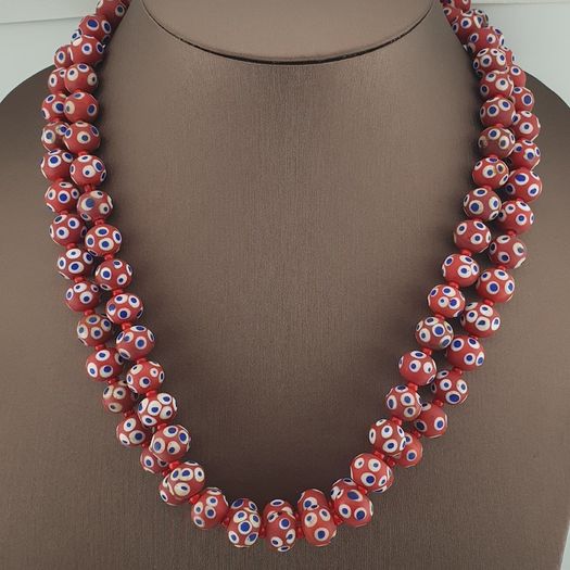 Antique Venetian Style Blue Eyes Red Glass & venetian WhiteHeart Glass Beads Necklace