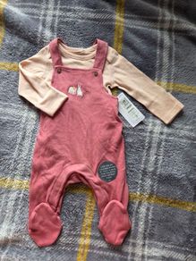 0-3m, Brand-New M&S Pink Soft Dungarees and Bodysuit