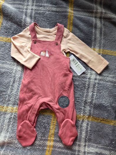 0-3m, Brand-New M&S Pink Soft Dungarees and Bodysuit
