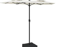 Double-Head Garden Parasol with LEDs Sand White 316x145 cm