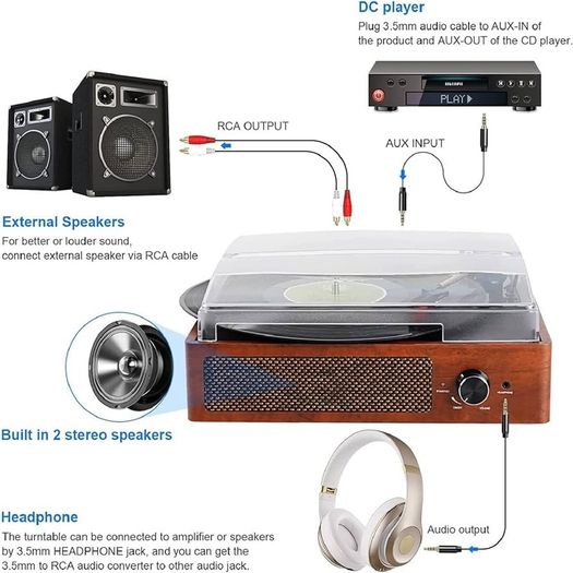 NEW SALE | Bluetooth Record Player Belt-Driven 3-Speed Turntable, Vintage Vinyl Record Players Built-in Stereo Speakers, with Headphone Jack/Aux Input/RCA Line Out