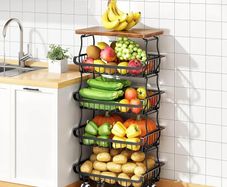 5 Tier Vegetable Fruit Basket for Kitchen, Stackable Metal Fruit and Vegetable Storage Baskets with Rolling Wheels Cart, Pantry organisers and storage for Kitchen Bathroom Livingroom Laundry room Cart