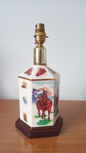 Vintage "Pointers of London & Edinburgh" porcelain  table lamp with wooden base and horse racing theme  height 30cm